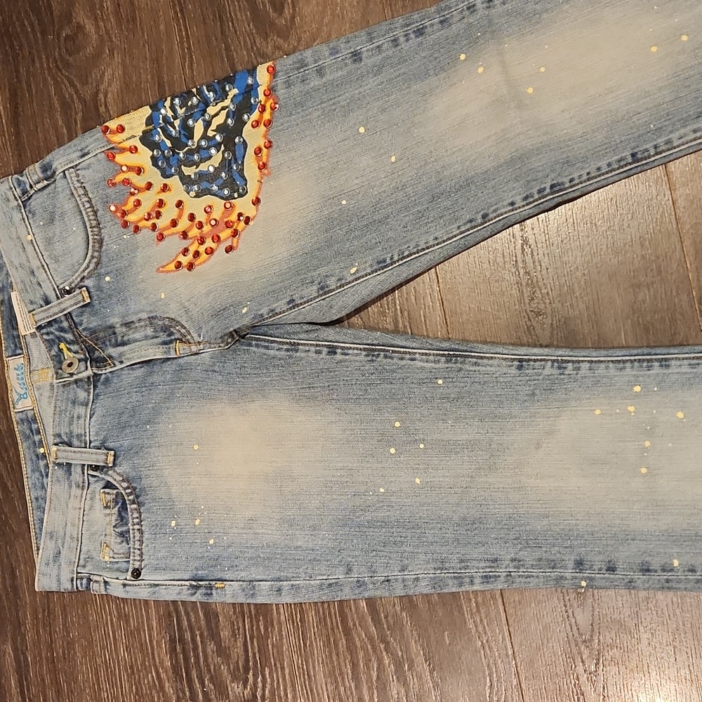 ❤️ YANK VINTAGE Y2K FLAMING ROSE RHINESTONE EMBELLISHED STRAIGHT LEG JEANS - Picture 7 of 16